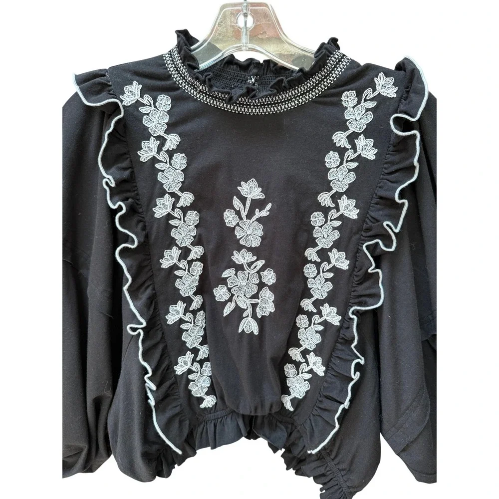 Free People Embroider Me Top Ruffle‎ Balloon Sleeve Blouse Black XS